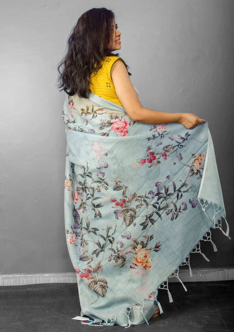 Linen Digital Floral Print Sari in Pastel Hue of Cement Grey