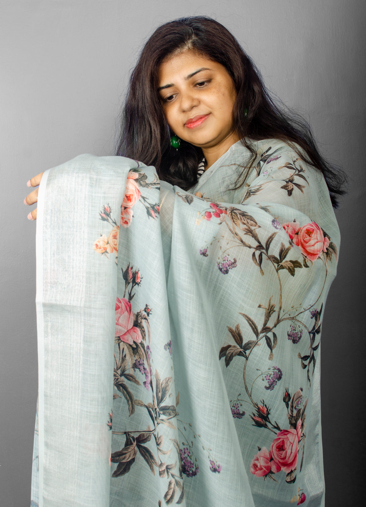Linen Digital Floral Print Sari in Pastel Hue of Cement Grey — view 6