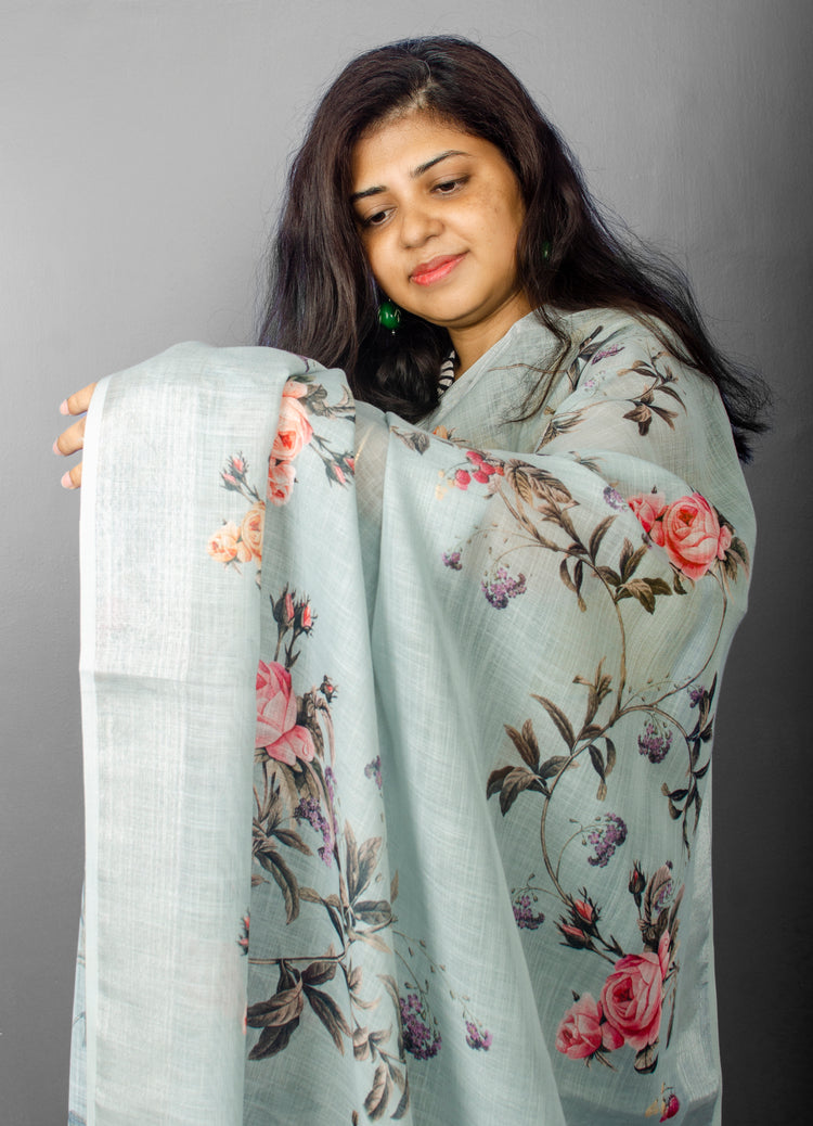 Linen Digital Floral Print Sari in Pastel Hue of Cement Grey