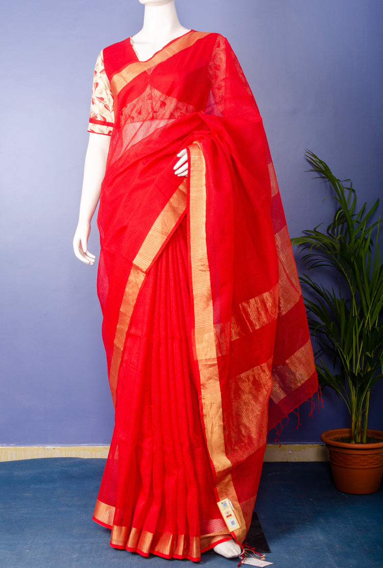 Handwoven Red Pure Kota Silk Sari