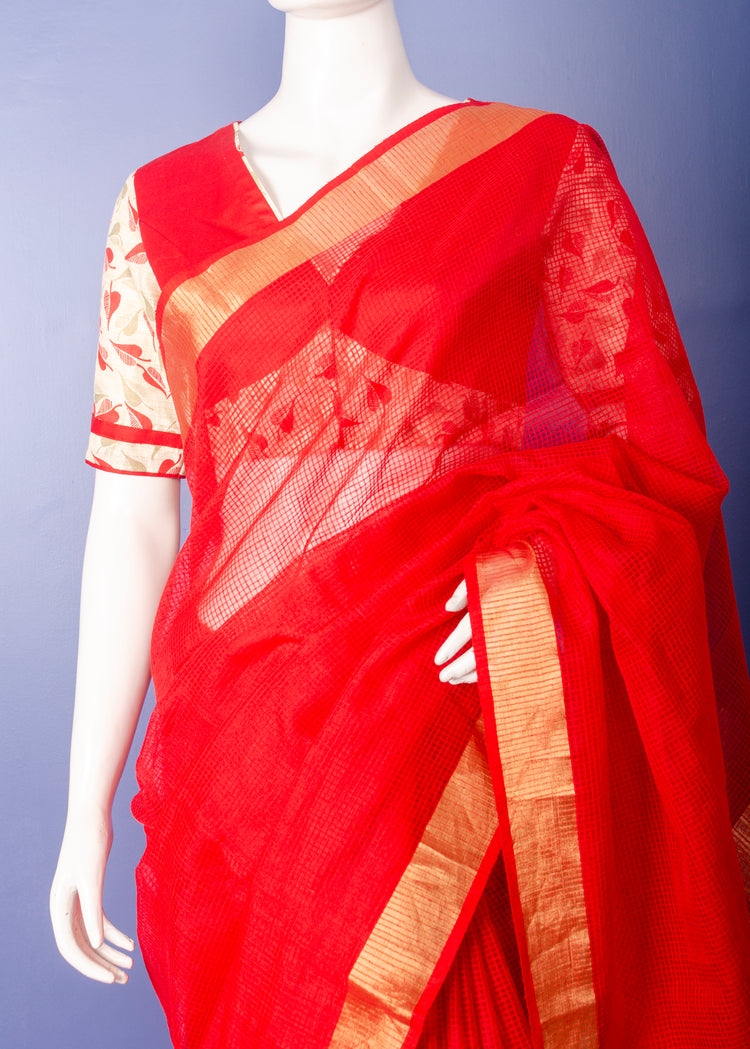 Handwoven Red Pure Kota Silk Sari