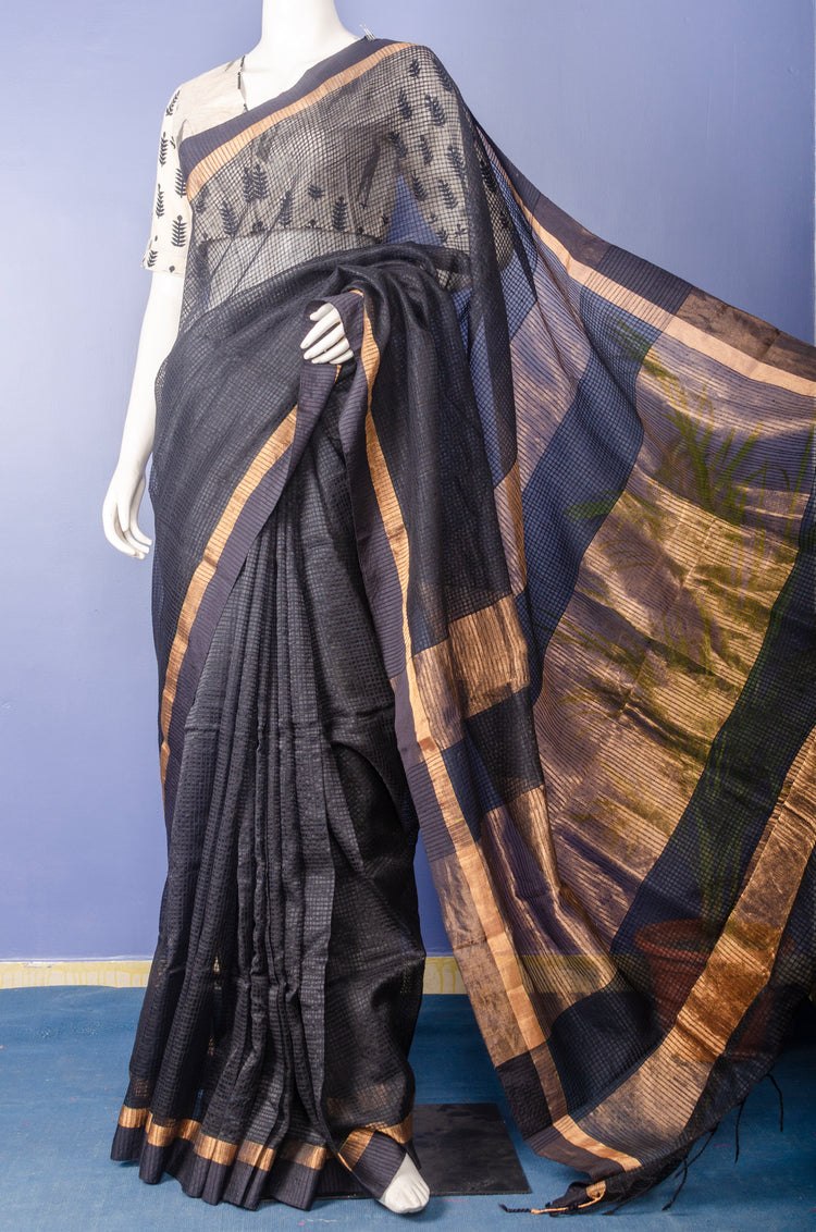 Handwoven Black Kota Silk Sari.