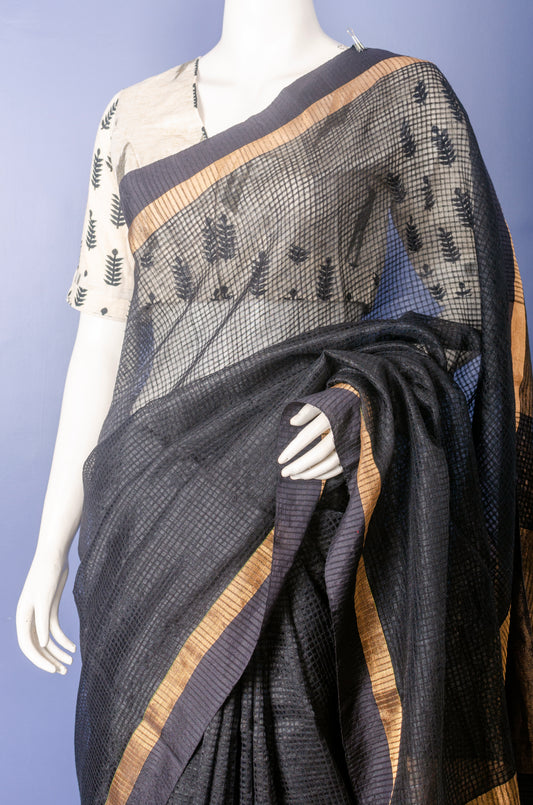 Handwoven Black Kota Silk Sari.