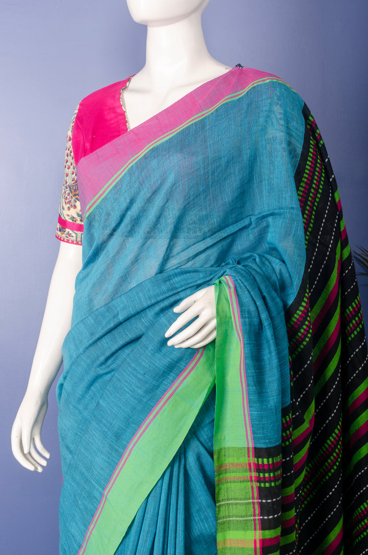 Handloom Sky Colour Pure Cotton Sari