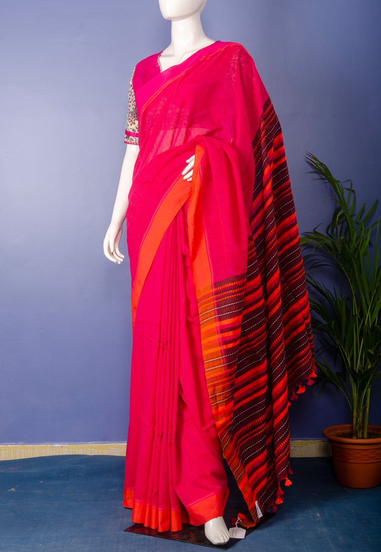 Handloom Redish Pink Cotton Sari