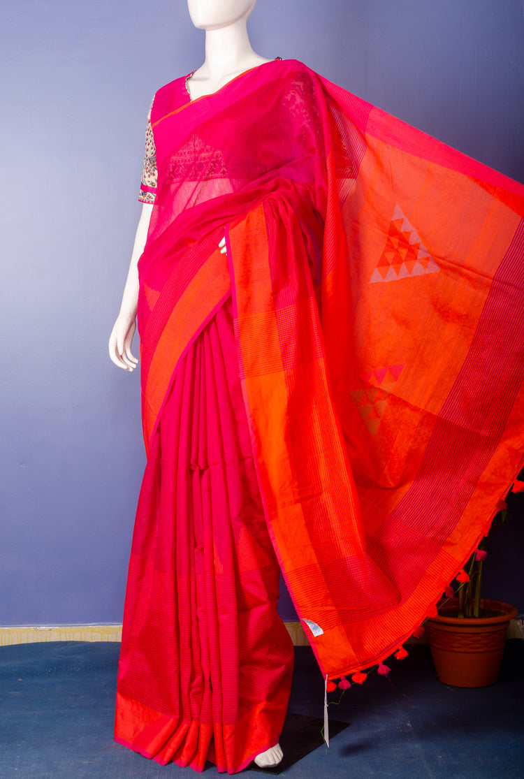 Pure Handloom Pink-Orange Cotton Silk Sari.