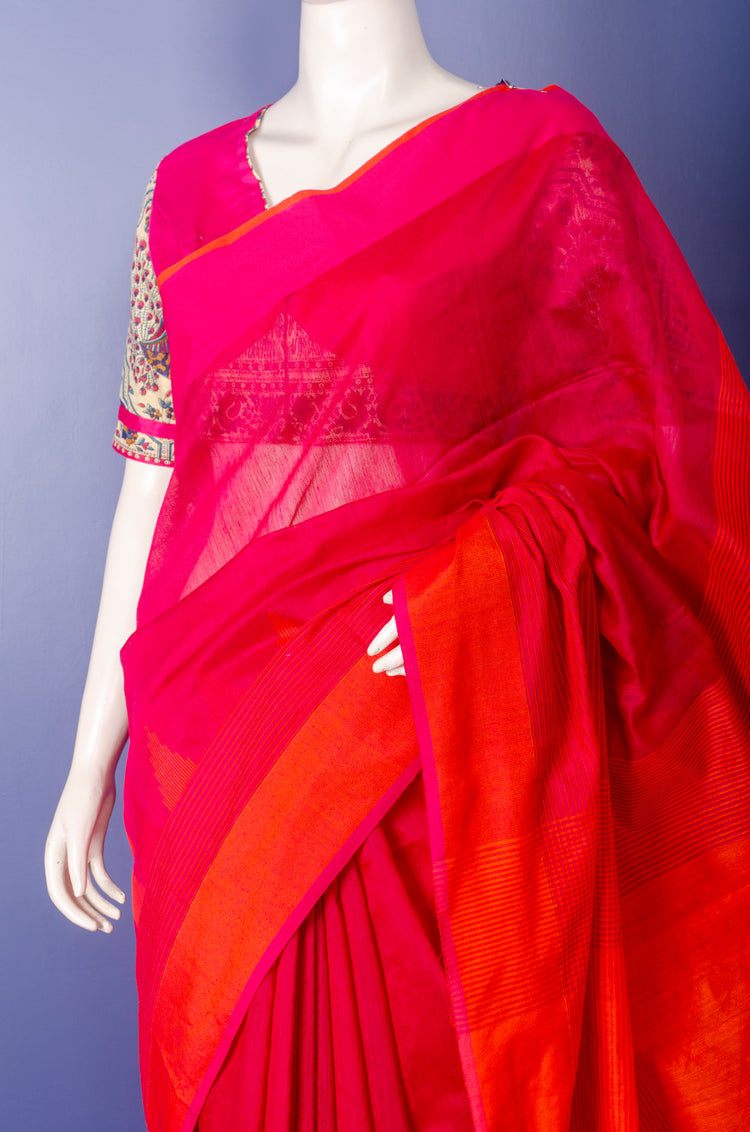 Pure Handloom Pink-Orange Cotton Silk Sari.