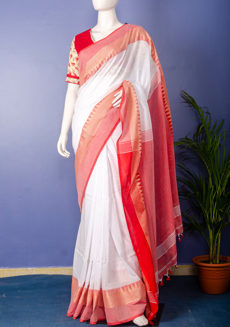 Handwoven white with Red Border Cotton Sari