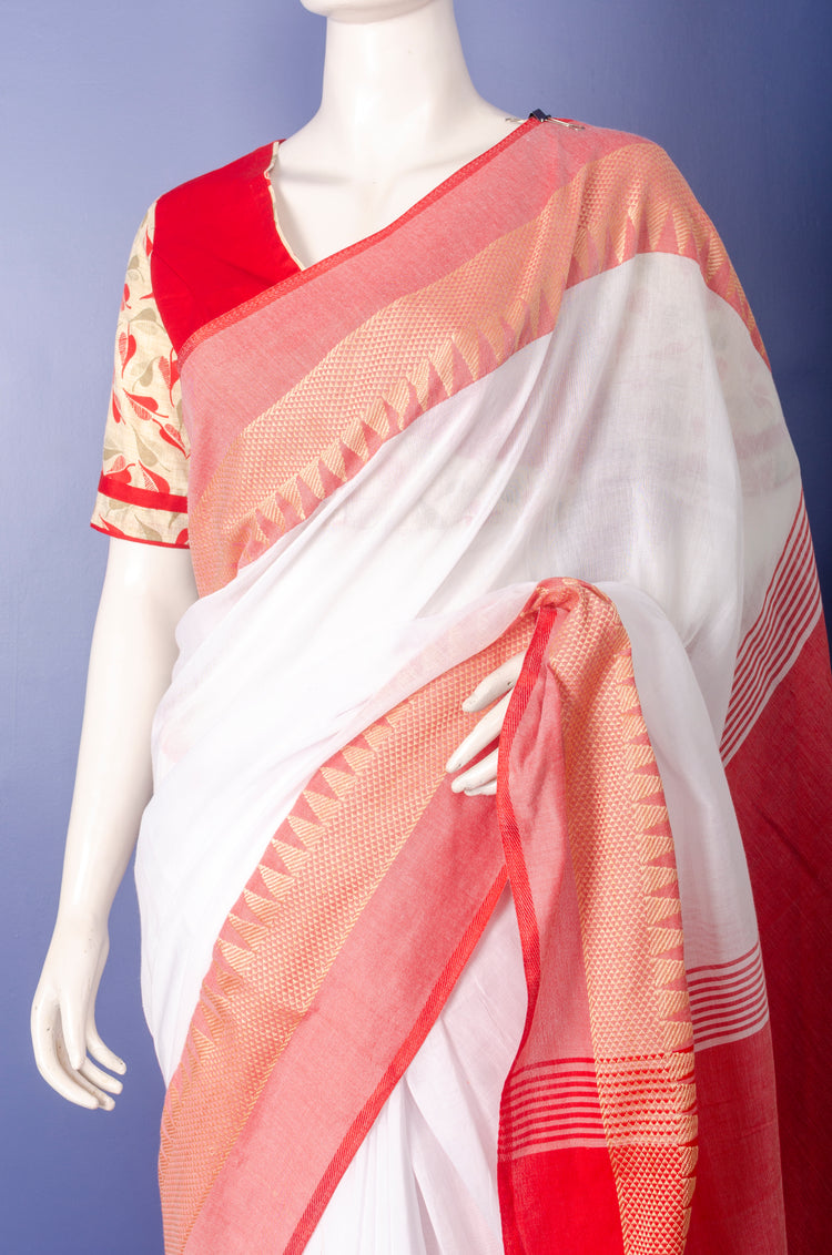 Handwoven white with Red Border Cotton Sari