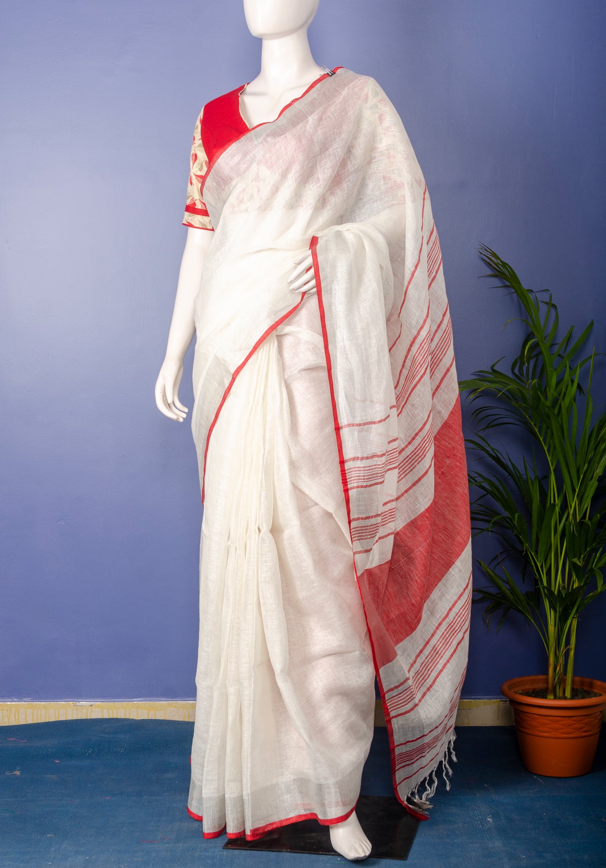 Handwoven white with Silver-Red Border Linen Sari — view 2