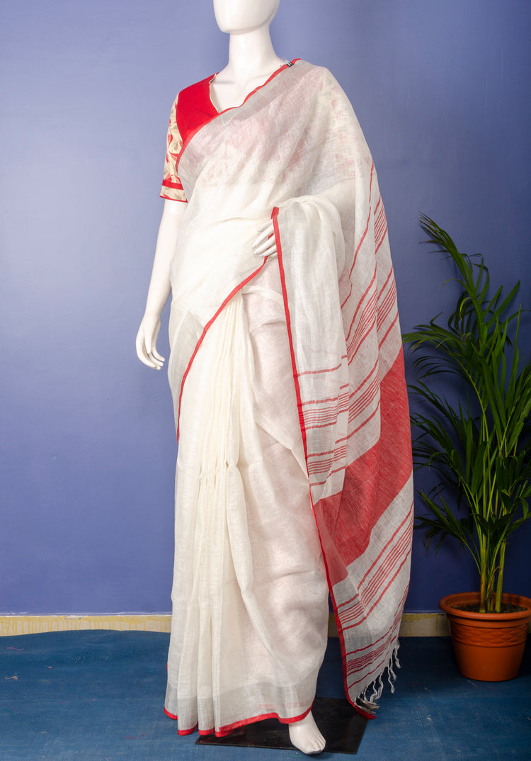 Handwoven white with Silver-Red Border Linen Sari