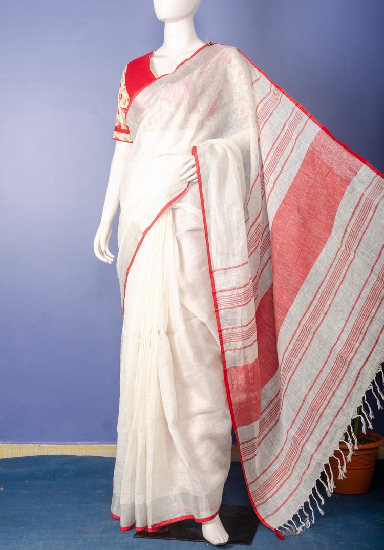 Handwoven white with Silver-Red Border Linen Sari