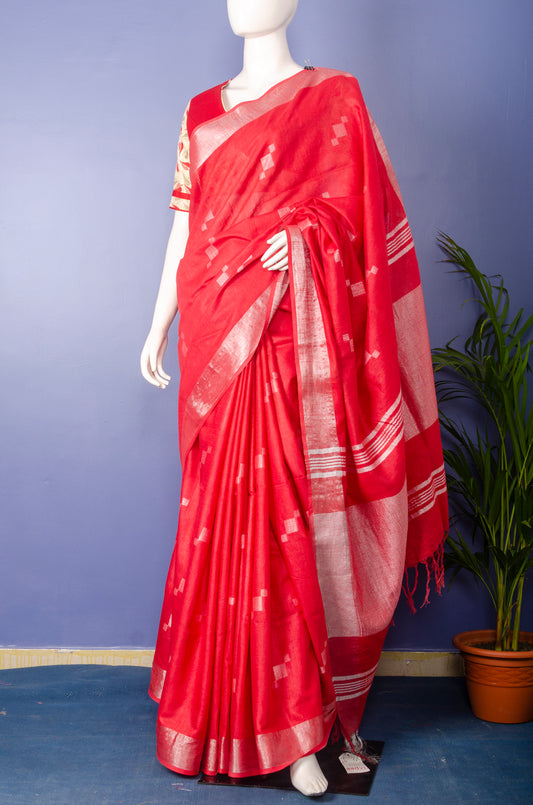 Pure Handloom Red Cotton Sari with Silver Border and Motifs