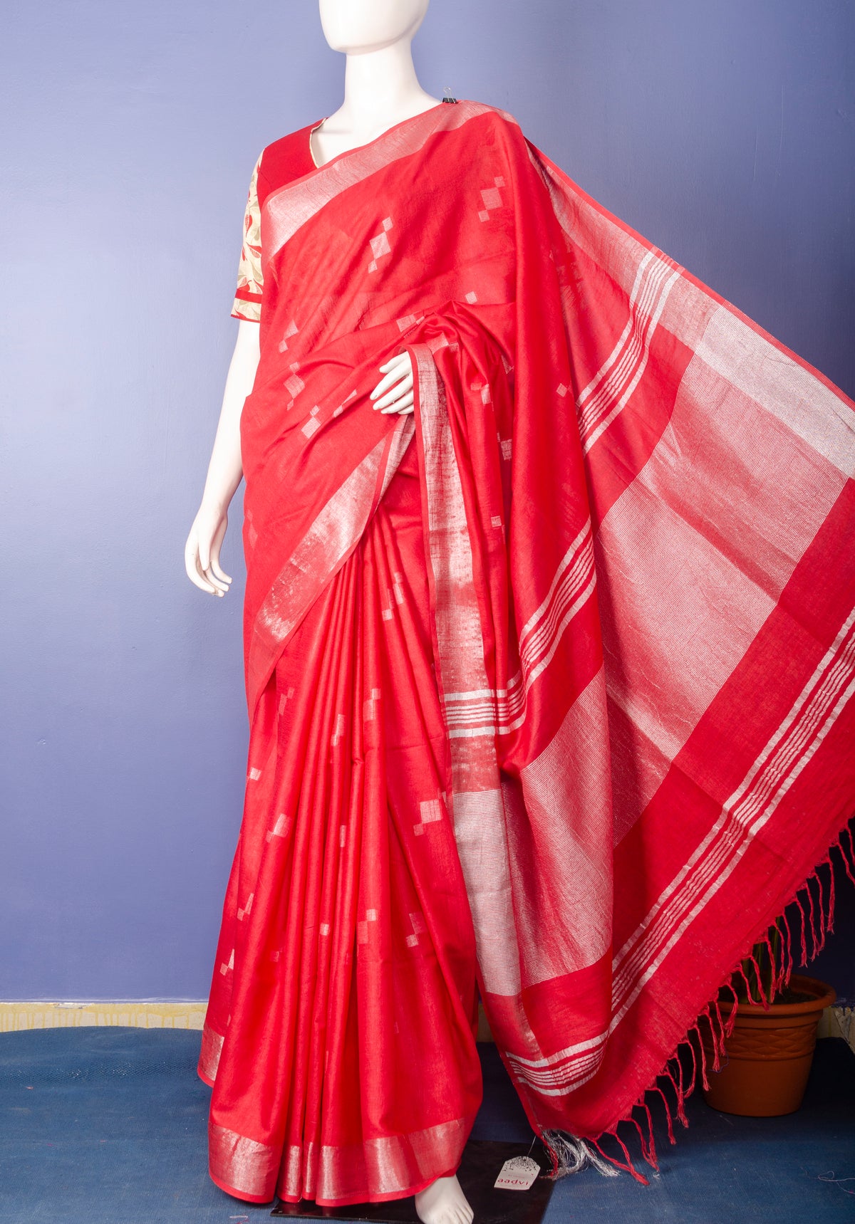 Pure Handloom Red Cotton Sari with Silver Border and Motifs — view 3