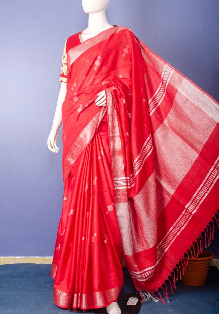 Pure Handloom Red Cotton Sari with Silver Border and Motifs