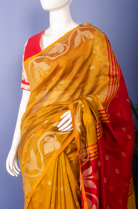 Handwoven Mustard with Red Pallu Cotton Silk Sari