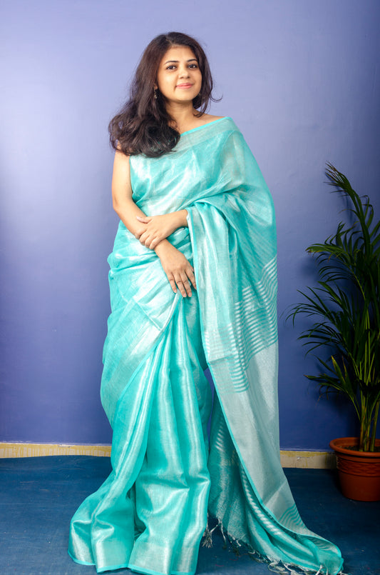 Bright Turquoise Tissue Linen Sari