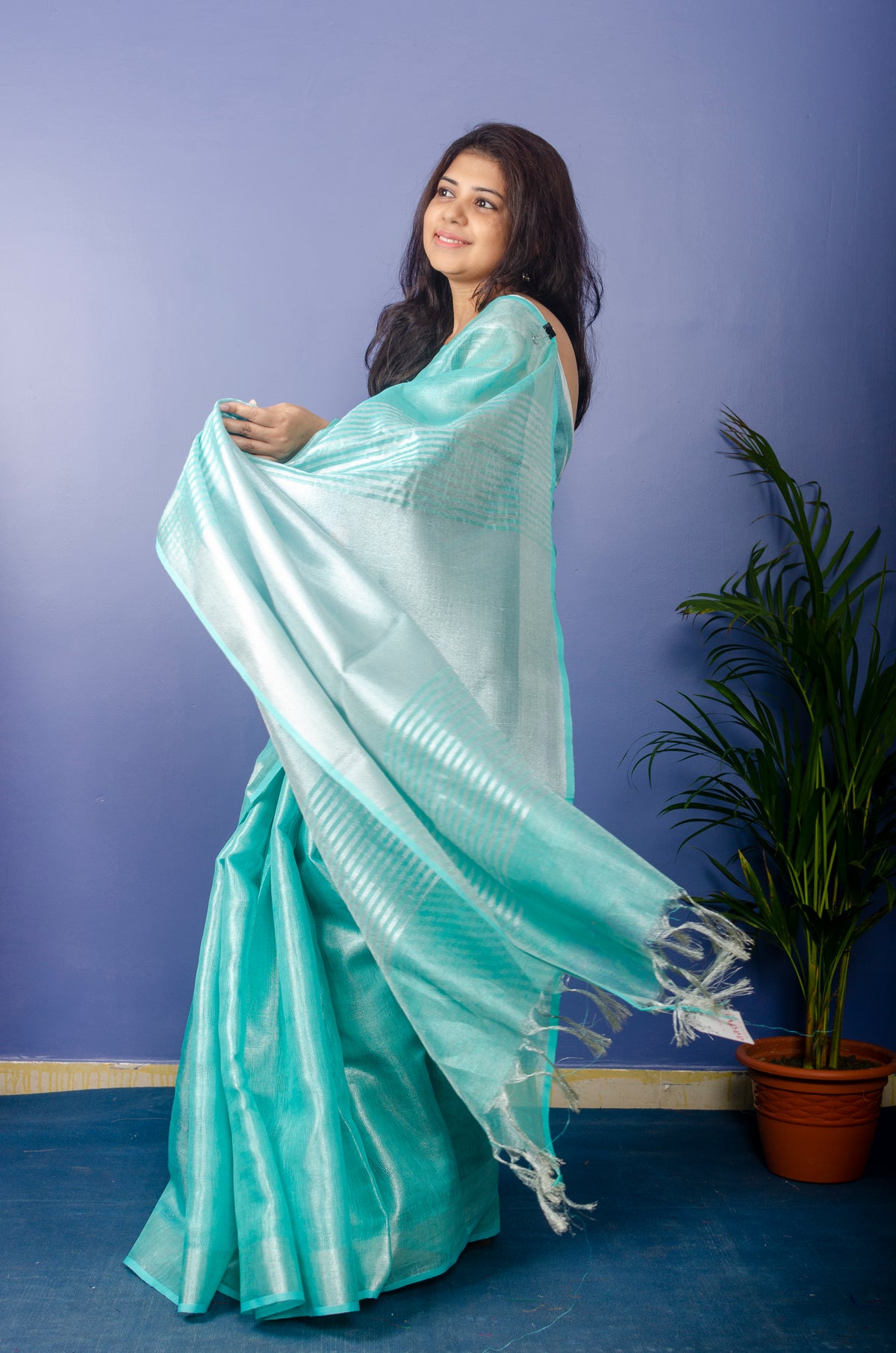 Bright Turquoise Tissue Linen Sari — view 3