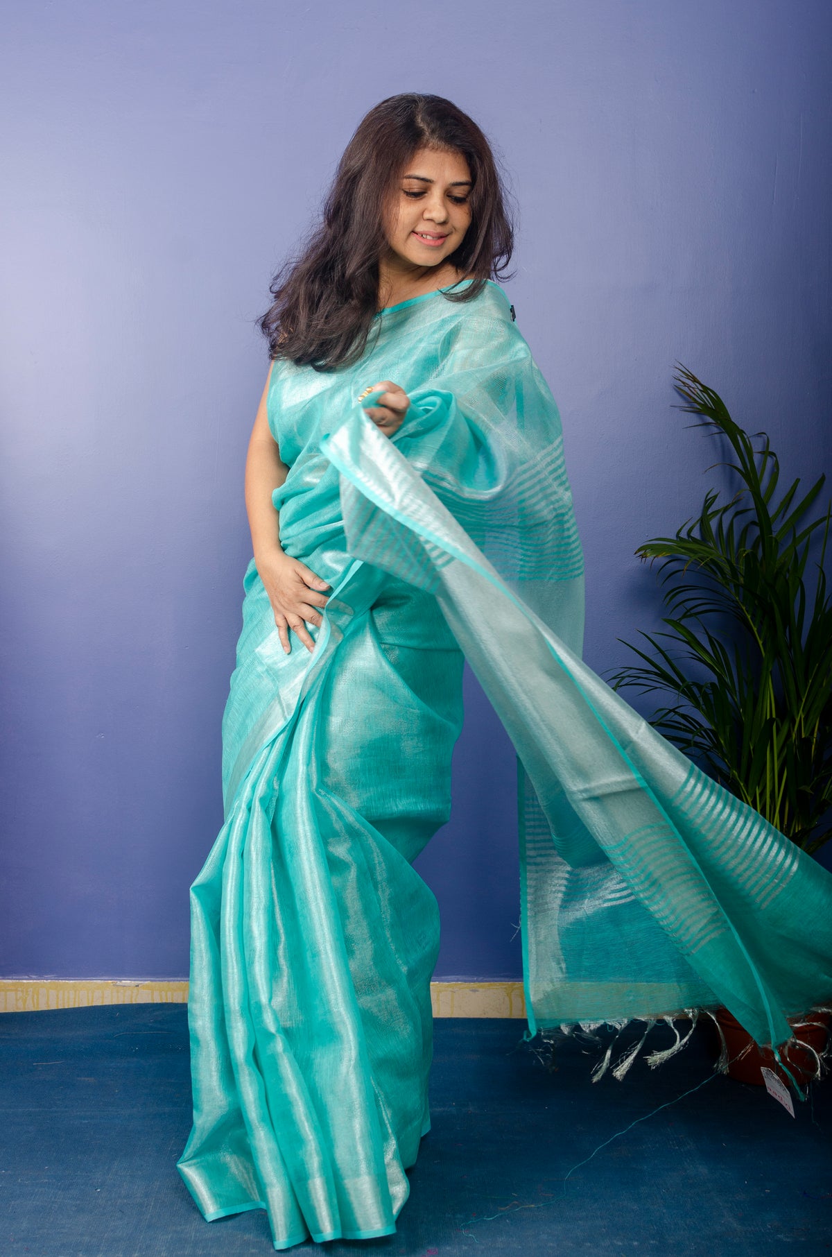 Bright Turquoise Tissue Linen Sari — view 4