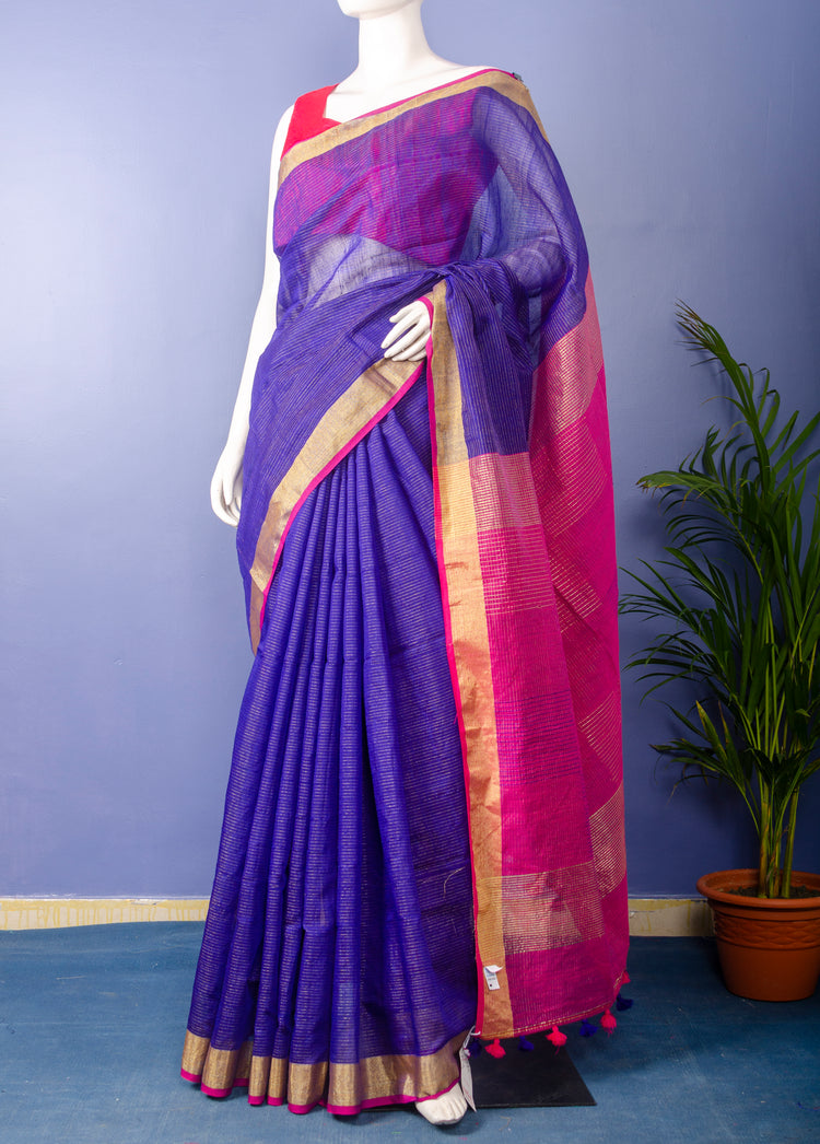 Handwoven Blue with Pink Pallu Cotton Silk Sari
