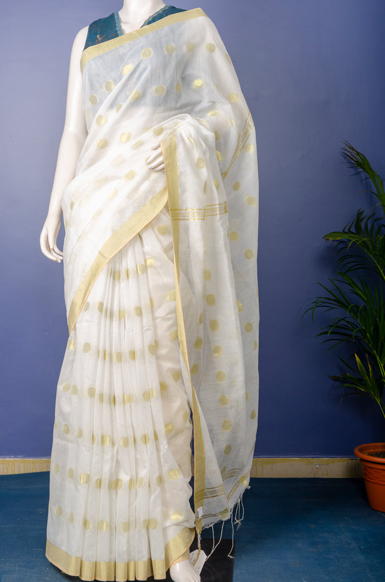 Handwoven White Cotton Silk Sari