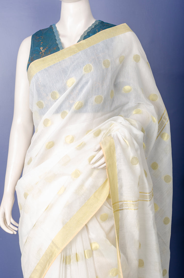 Handwoven White Cotton Silk Sari