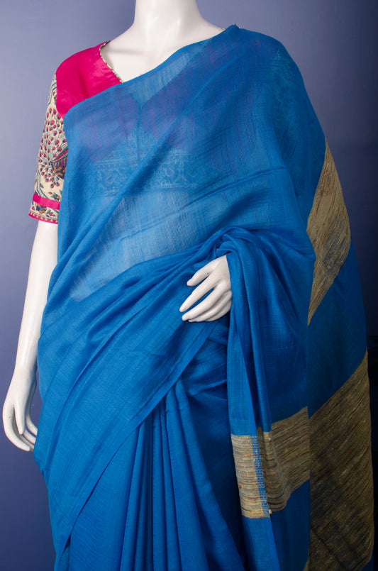 Handwoven Sky Colour Pure Cotton Sari with Ghicha Pallu. 