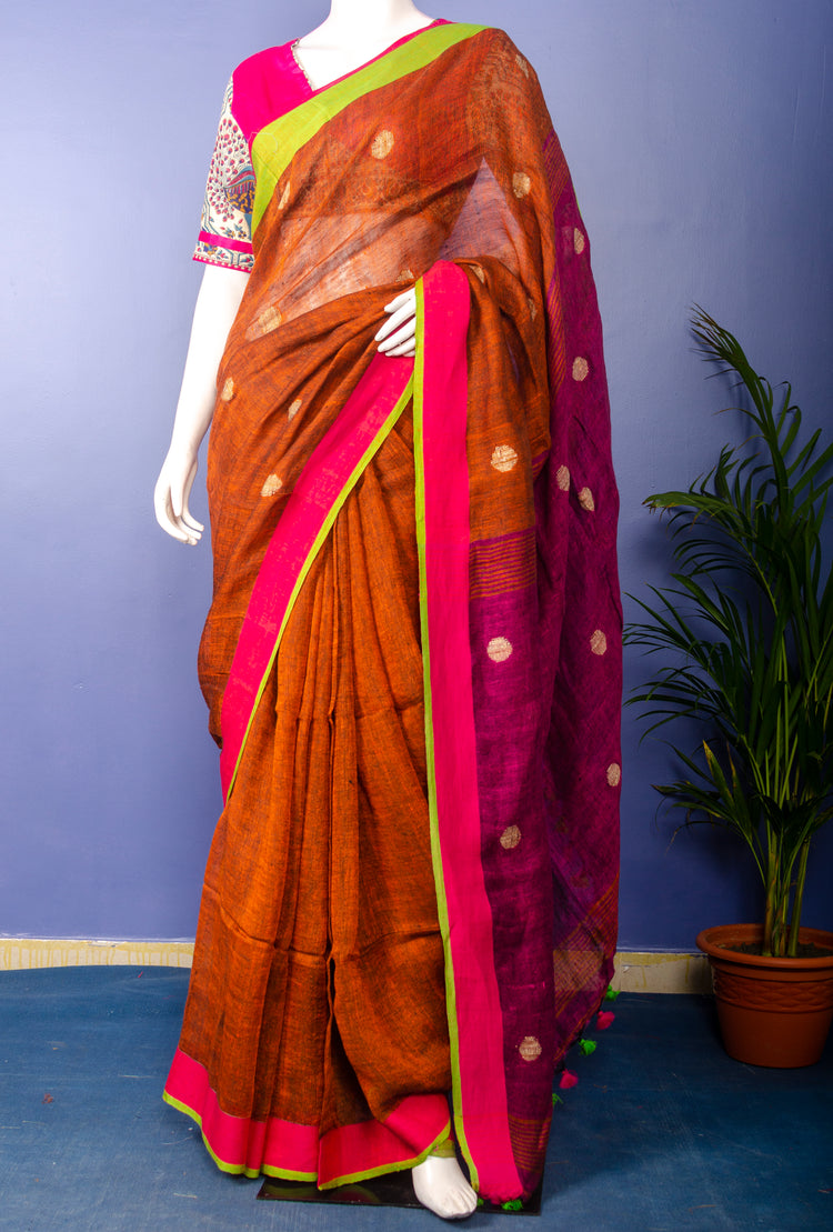 Handwoven Rust Colour Linen Sari with all over motifs