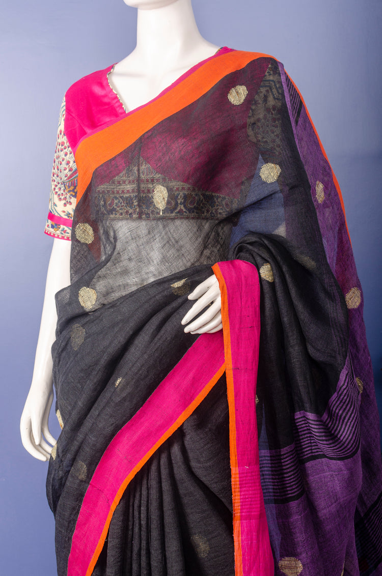 Handwoven Black Colour Linen with Purple Pallu Sari