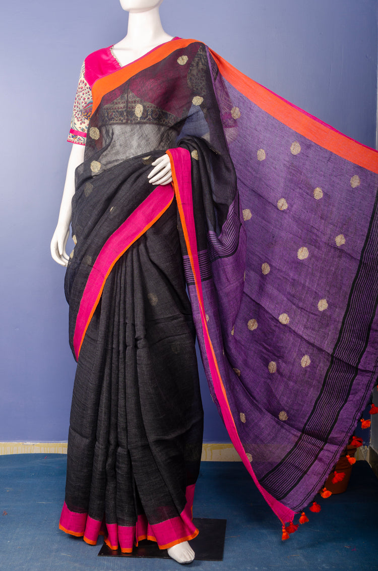 Handwoven Black Colour Linen with Purple Pallu Sari