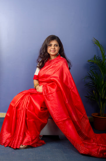 Crimson Pure Tussar Sari with Stripe Border with Resham Thread