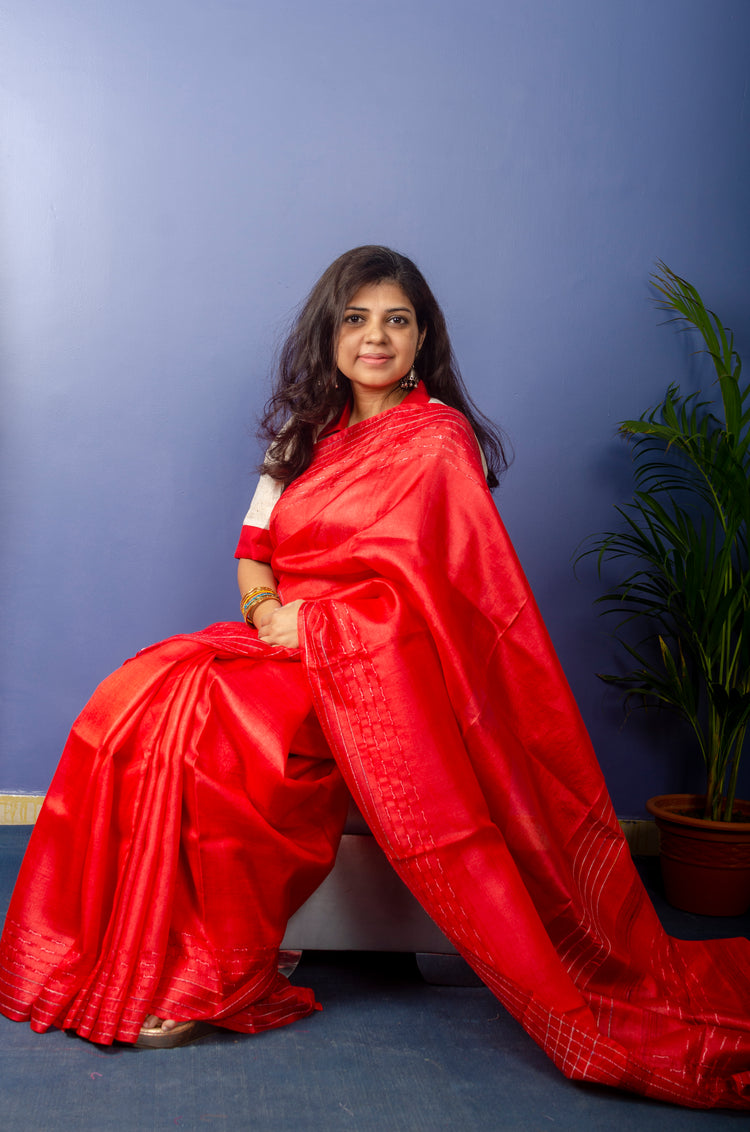 Crimson Pure Tussar Sari with Stripe Border with Resham Thread