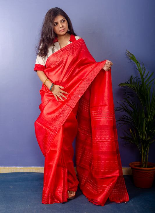 Pure Crimson Kosa Silk Sari