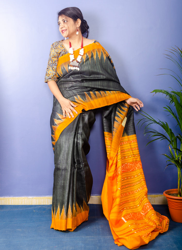 Black Ghicha Silk Sari with Mustard Temple And Ikkat Pallu