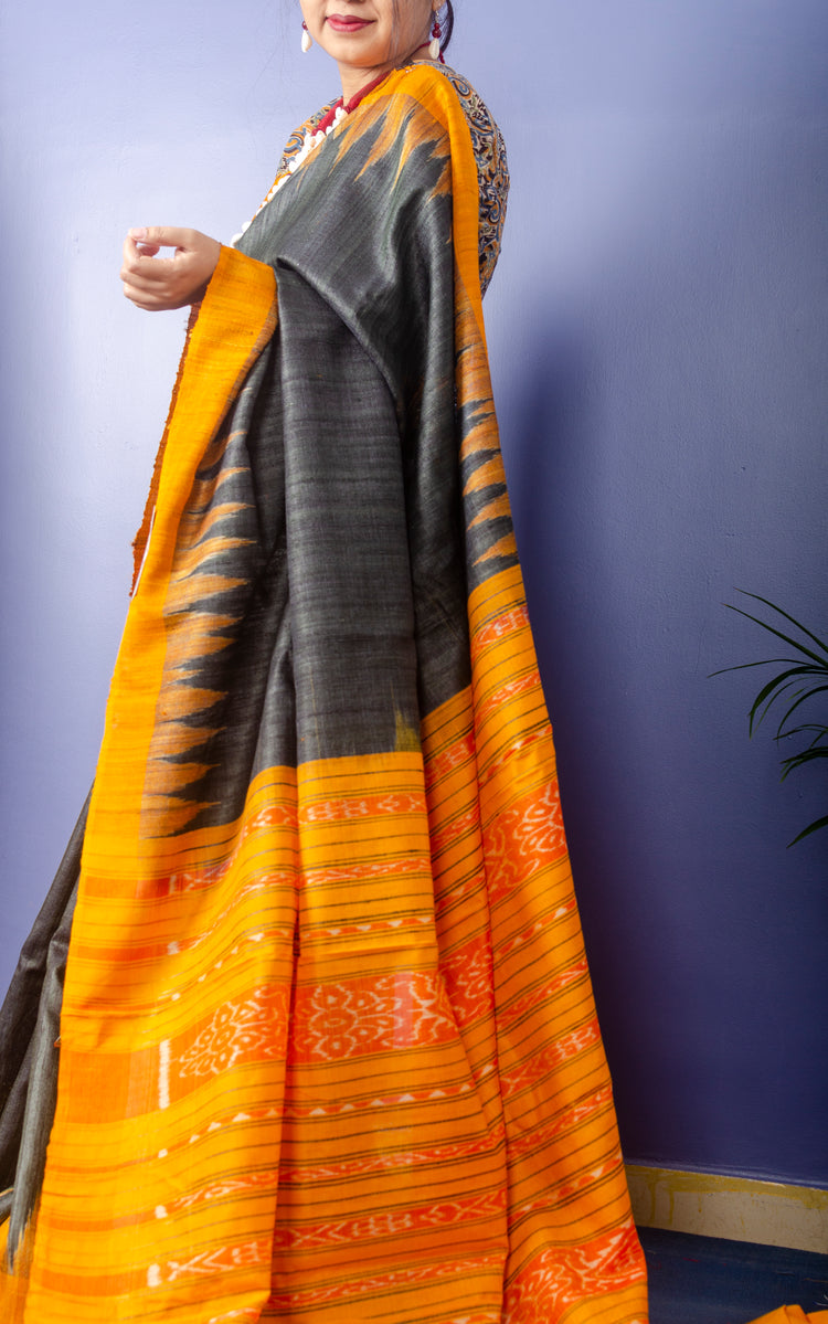 Black Ghicha Silk Sari with Mustard Temple And Ikkat Pallu