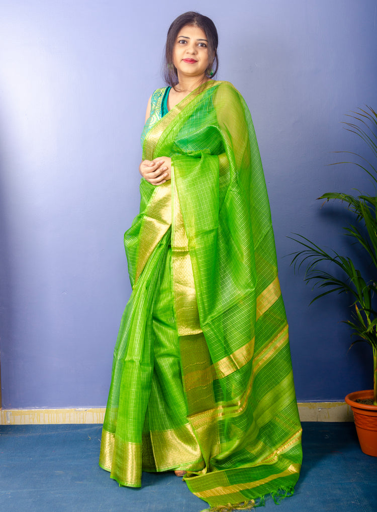 Shamrock Pure Kosa Silk Sari with Golden Zari Border and Pallu