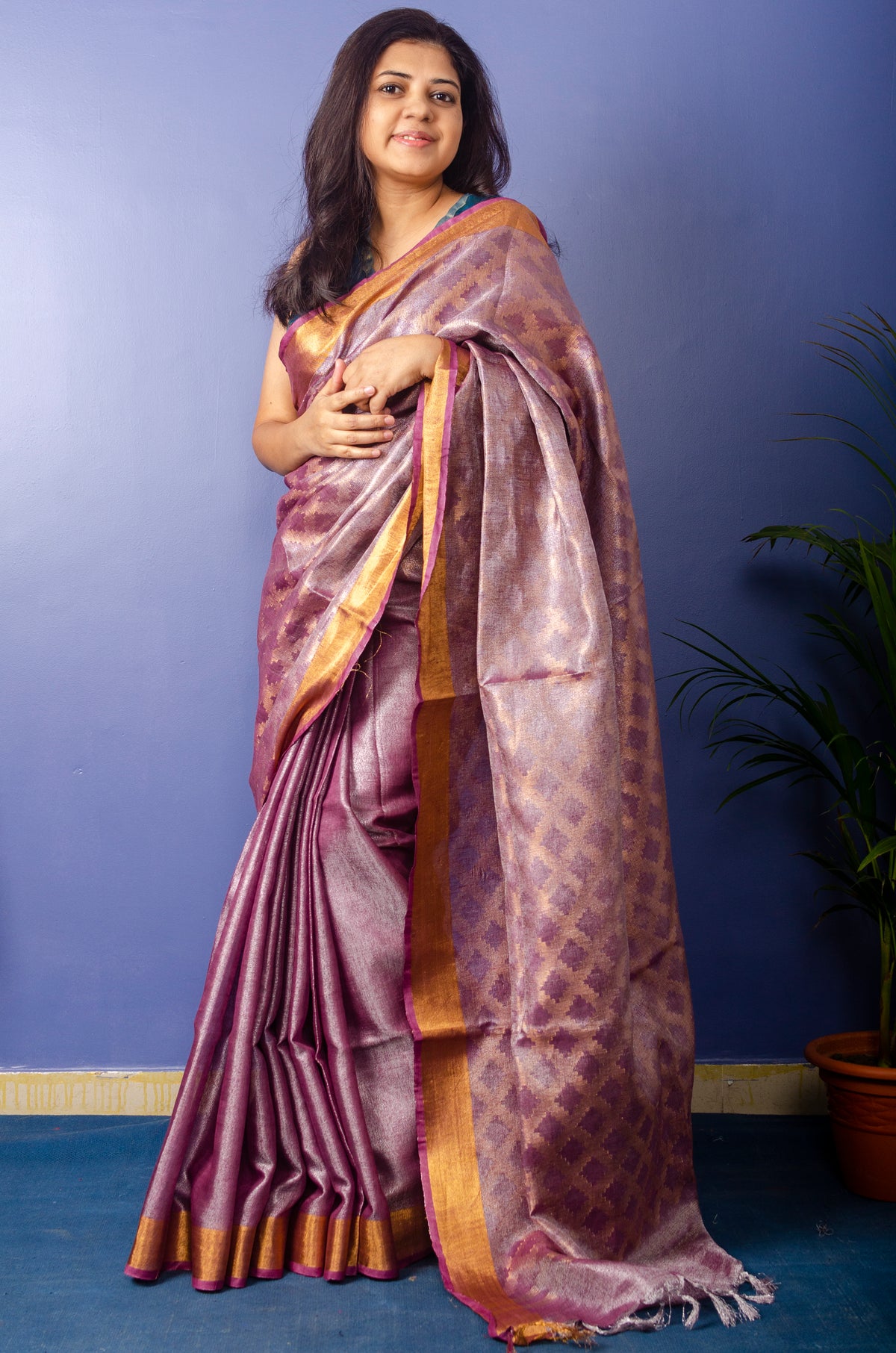 Opera Mauve Tissue Linen Sari — view 3