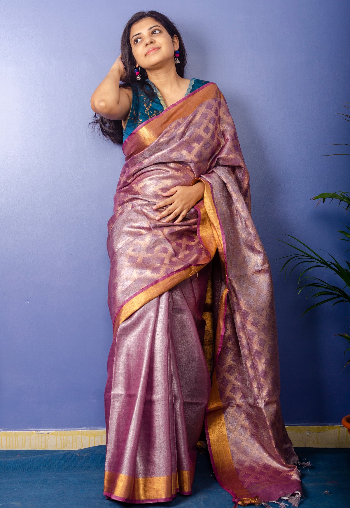 Opera Mauve Tissue Linen Sari — view 2