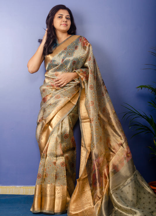 Kora Tissue Banarasi Sari with Floral Print.