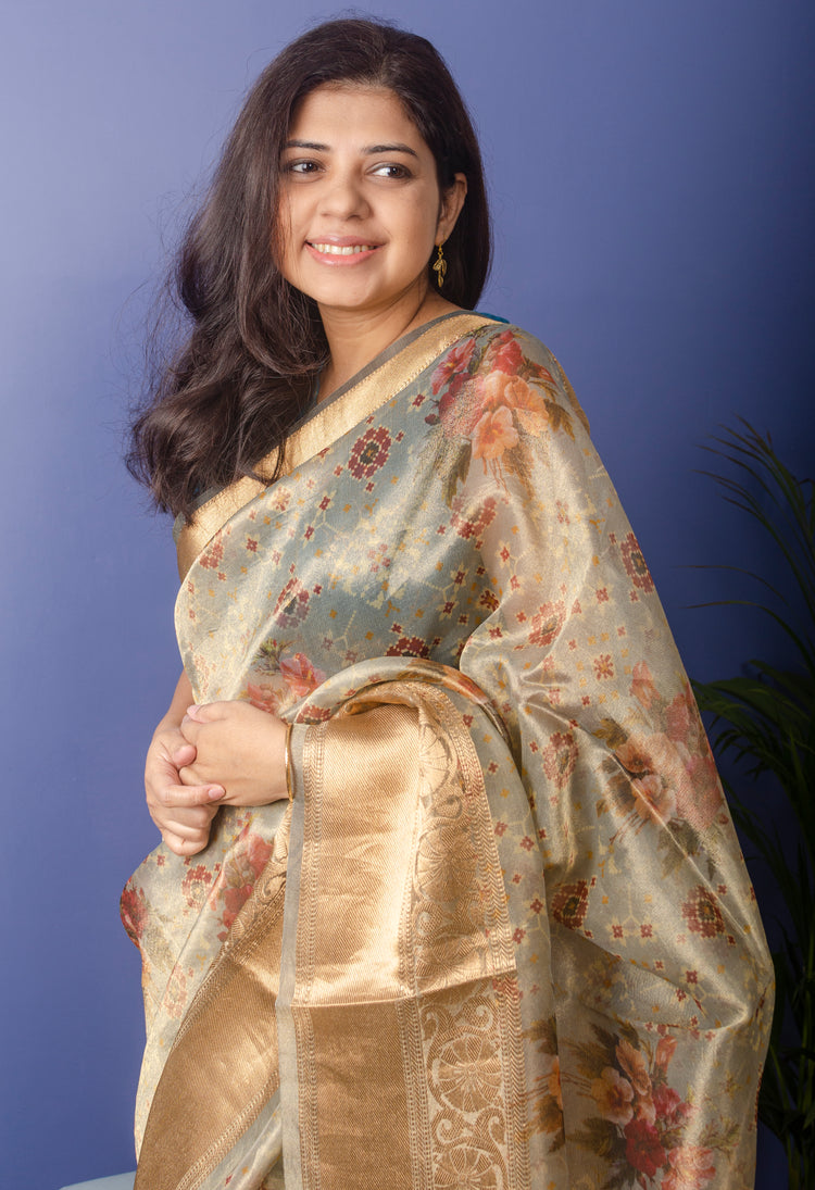 Kora Tissue Banarasi Sari with Floral Print.