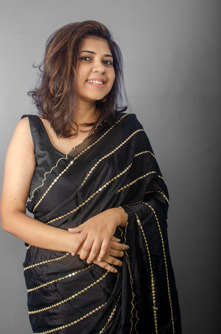 Black Chinon Sari with Golden Stripe and Scallop Border