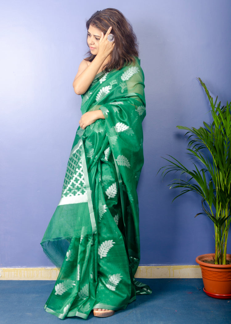 Emerald Green Organza Sari With Silver Zari Work