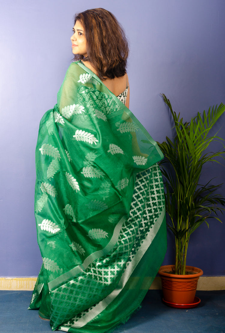 Emerald Green Organza Sari With Silver Zari Work