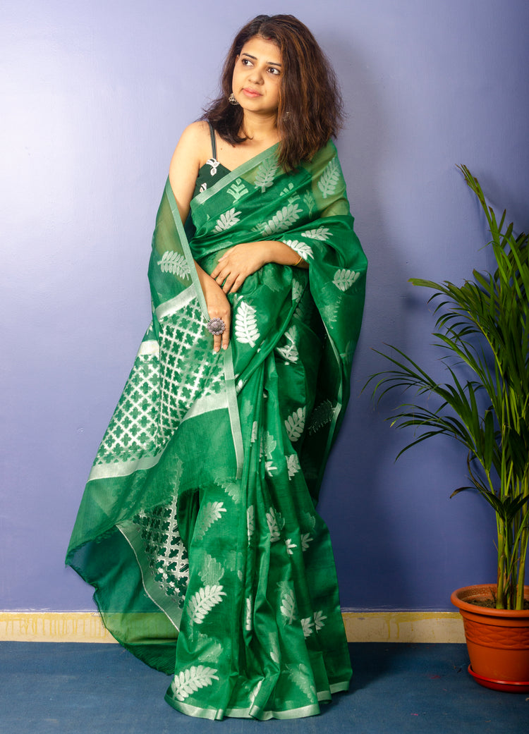 Emerald Green Organza Sari With Silver Zari Work