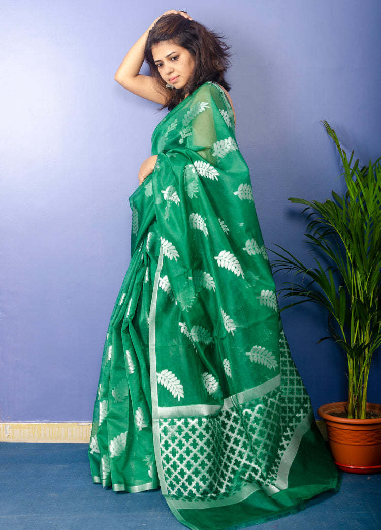 Emerald Green Organza Sari With Silver Zari Work