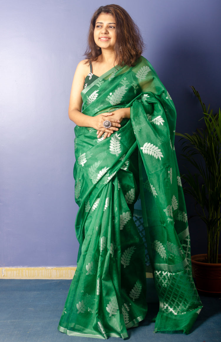 Emerald Green Organza Sari With Silver Zari Work