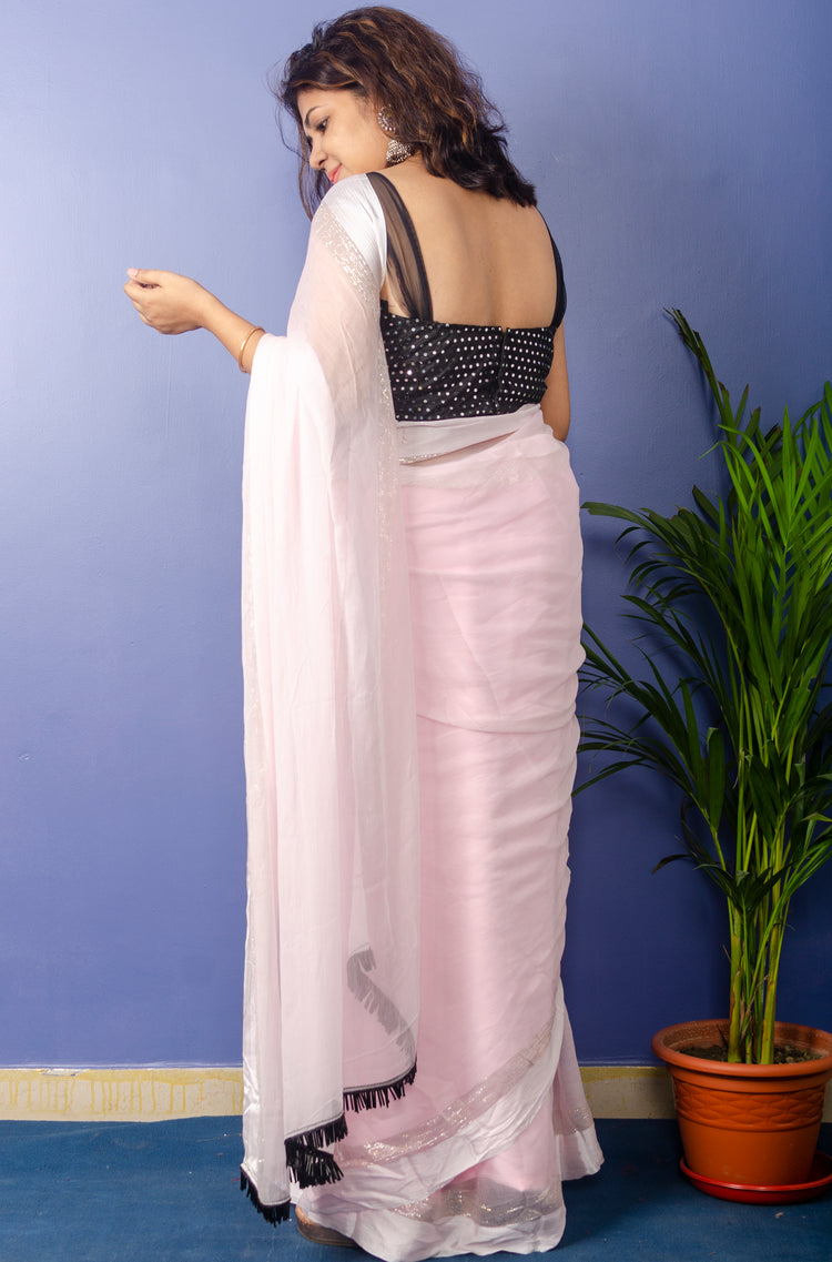 Baby Pink Chiffon Sari with Black sequnce Blouse piece