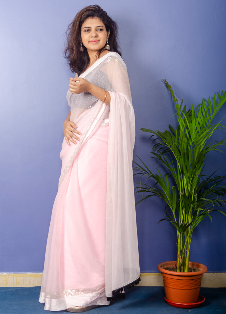 Baby Pink Chiffon Sari with Black sequnce Blouse piece