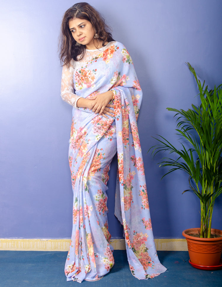 Periwinkle Georgette Sari with Floral Digital Print and Sequence Work.