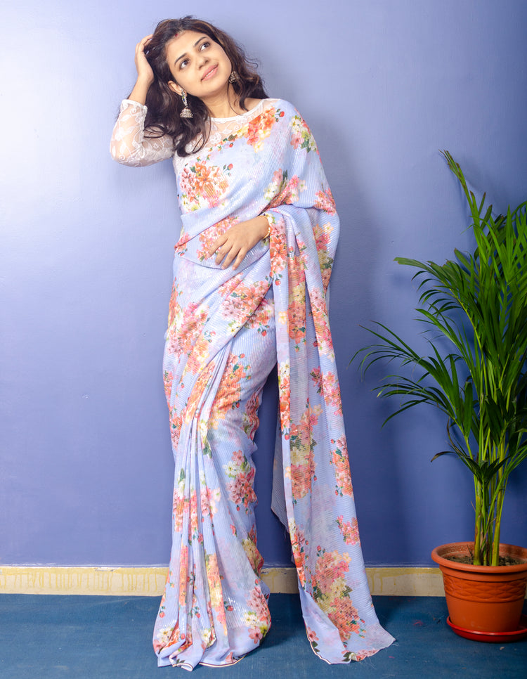 Periwinkle Georgette Sari with Floral Digital Print and Sequence Work.